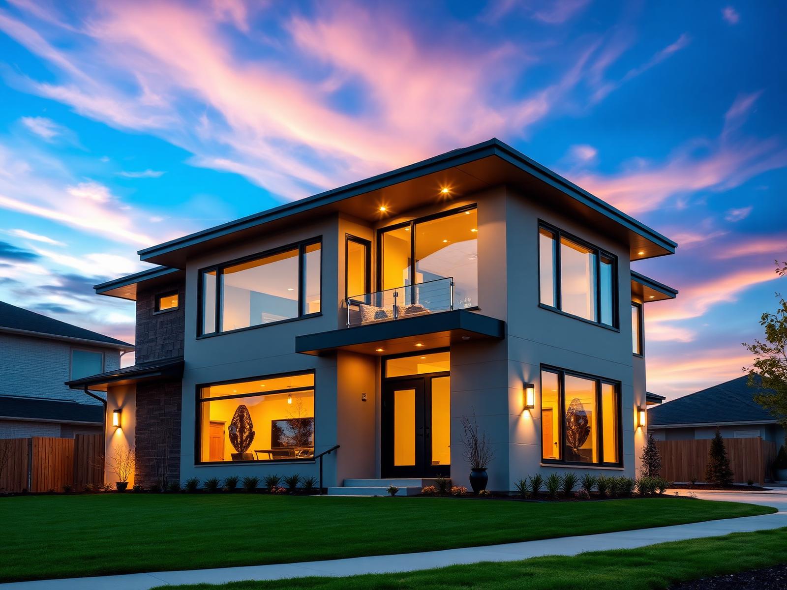 Modern luxury home at golden hour